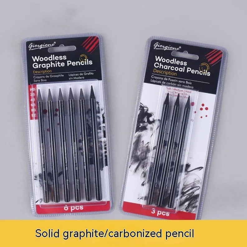 Carbonised pencil suit showing six graphite and three carbonised wooden pencils on suction card packaging