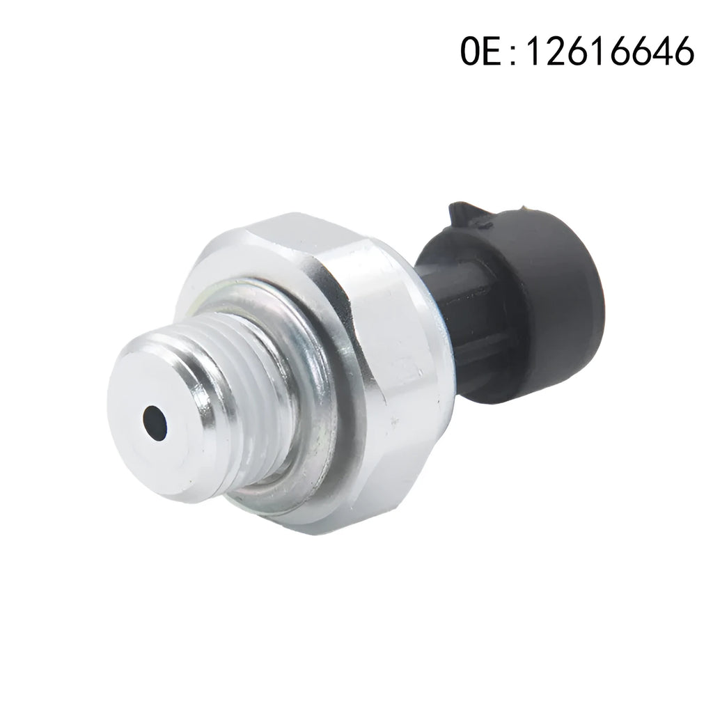 Silver metal automotive fuel pressure sensor for part numbers 12616646 and 12677836.