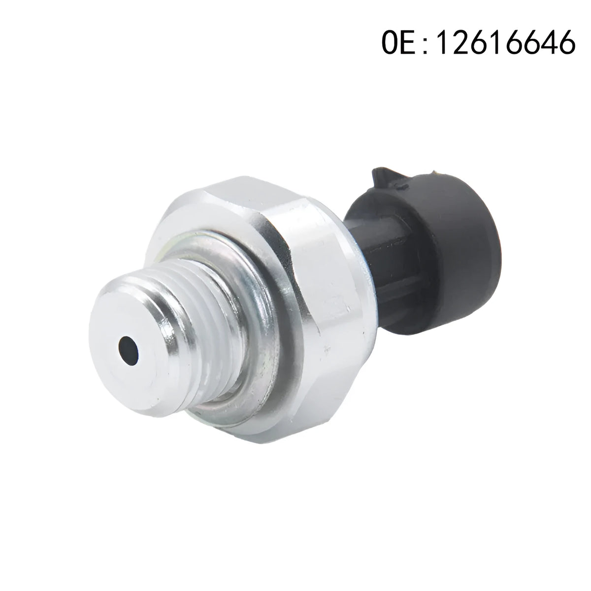 Silver metal automotive fuel pressure sensor for part numbers 12616646 and 12677836.