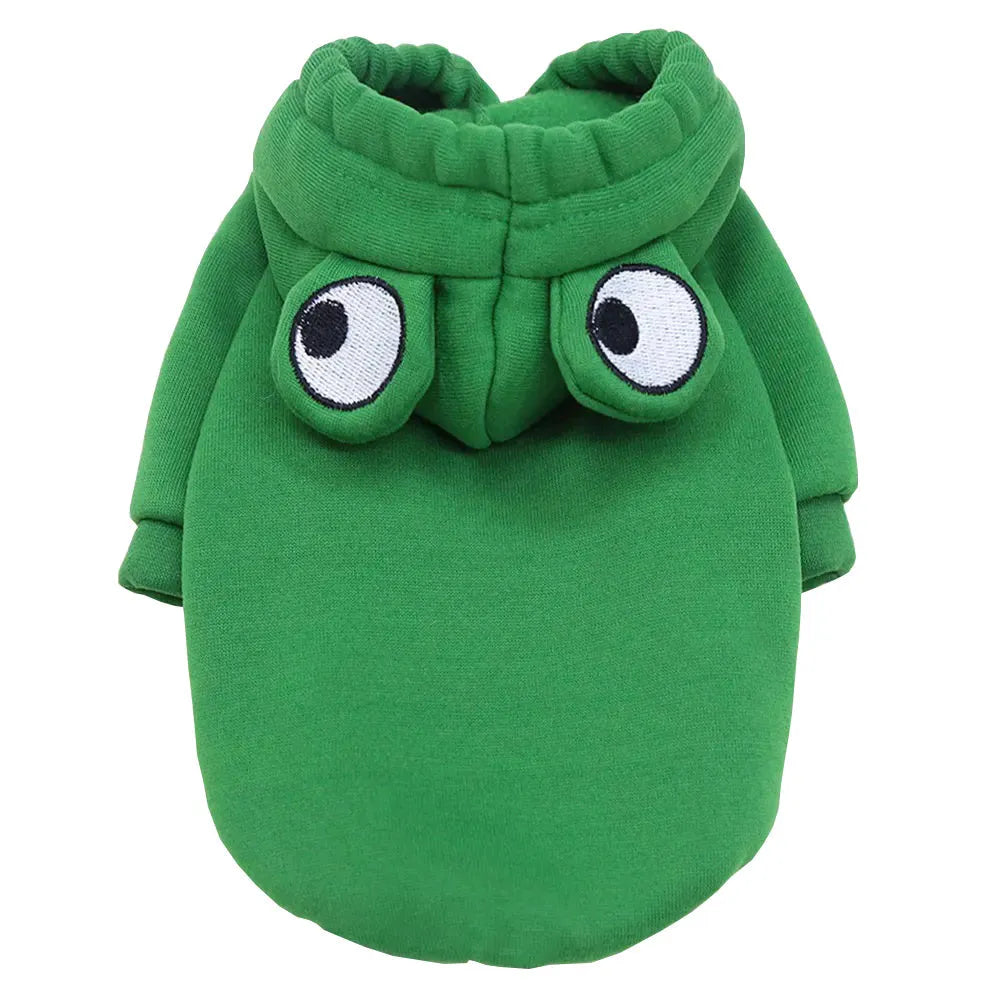 Green frog pattern hoodie on a small dog, showing hood and soft material, for Halloween cosplay.