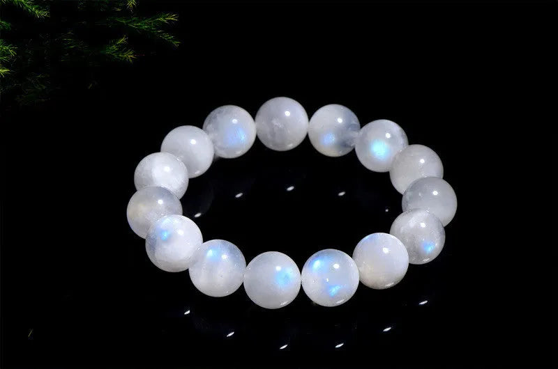 Natural blue moonlight round bead moonstone bracelet with polished finish and geometric bead shape