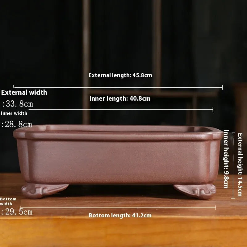 Rectangular purple sand bonsai planter with antique manger design and corner cutting