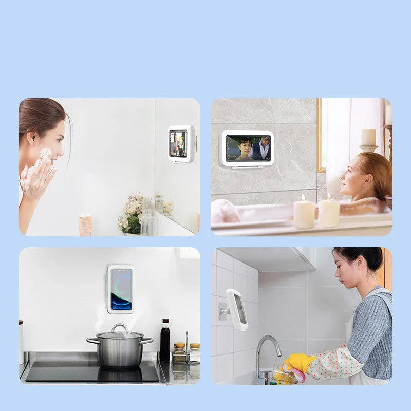 Waterproof plastic phone holder for shower with touch screen in black, pink, or white mounted on bathroom tile