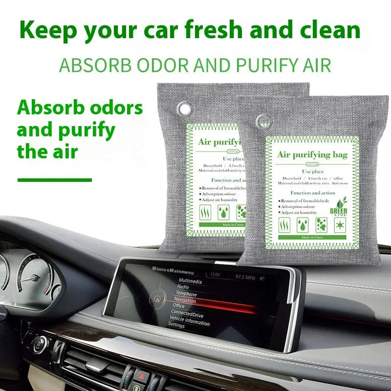 Sewn fabric bag filled with bamboo charcoal for formaldehyde removal and air purification.
