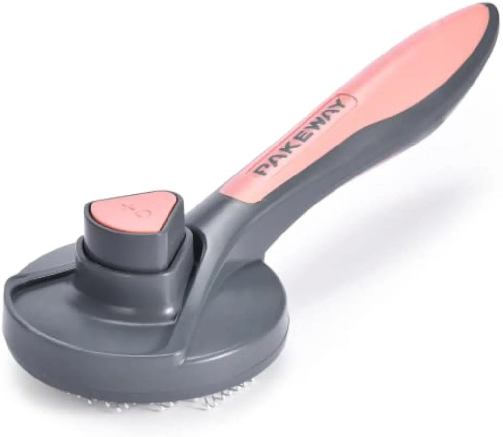 Self cleaning slicker brush for cats and dogs with non-slip handle in grey green or pink removing loose fur
