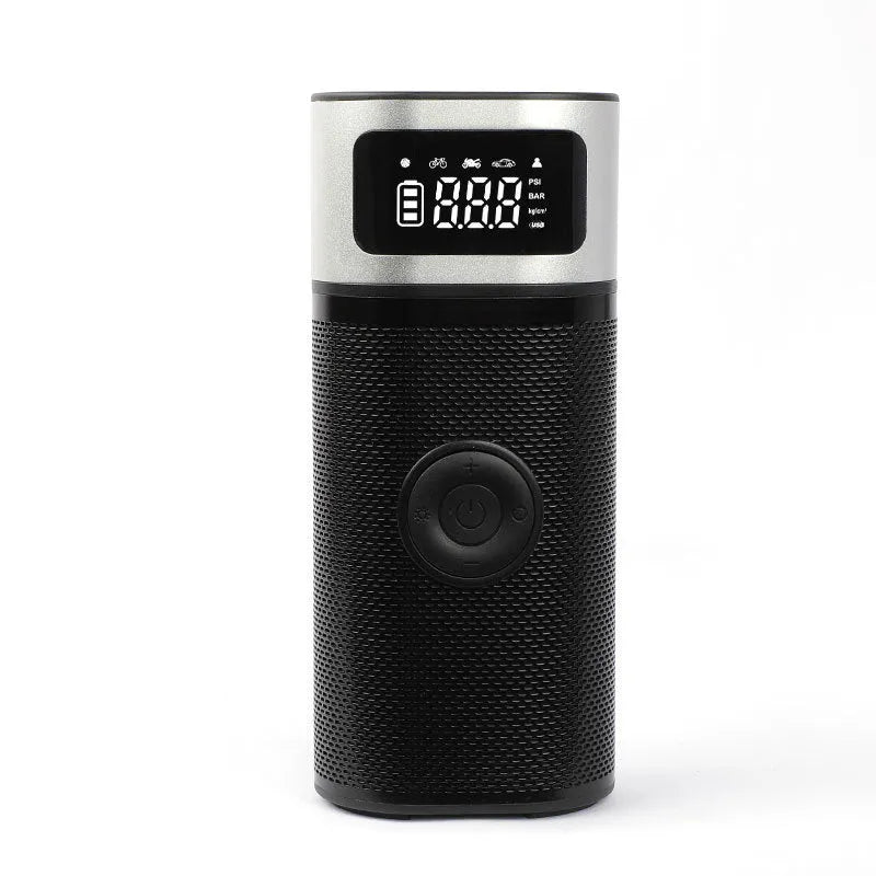 Black portable wireless vehicle air pump with USB charging cable, 15cm tube, and nozzles for bicycle, ball, and swimming ring.