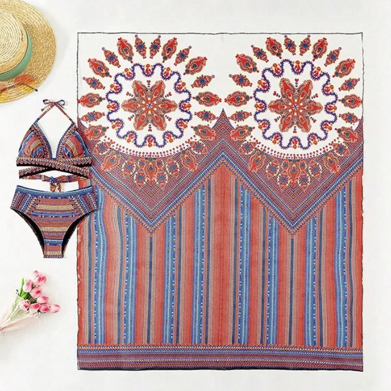 Women's three-piece swimsuit set showing high-waist briefs, cutout blouse top, and matching coat in picture colour