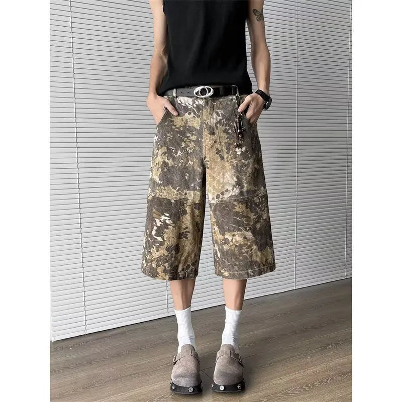 Men's bright yellow snake pattern camouflage jeans with cropped leg and tooling detail
