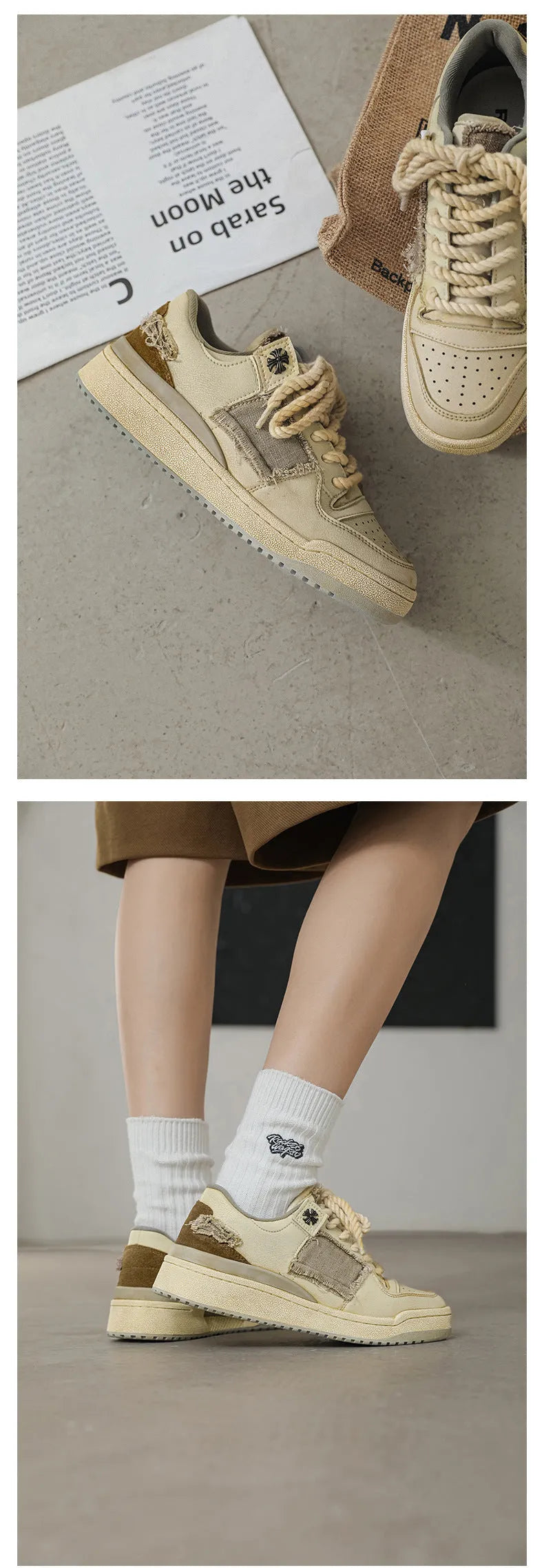 Beige low-top vintage style skate shoes with lace-up front and rubber sole.