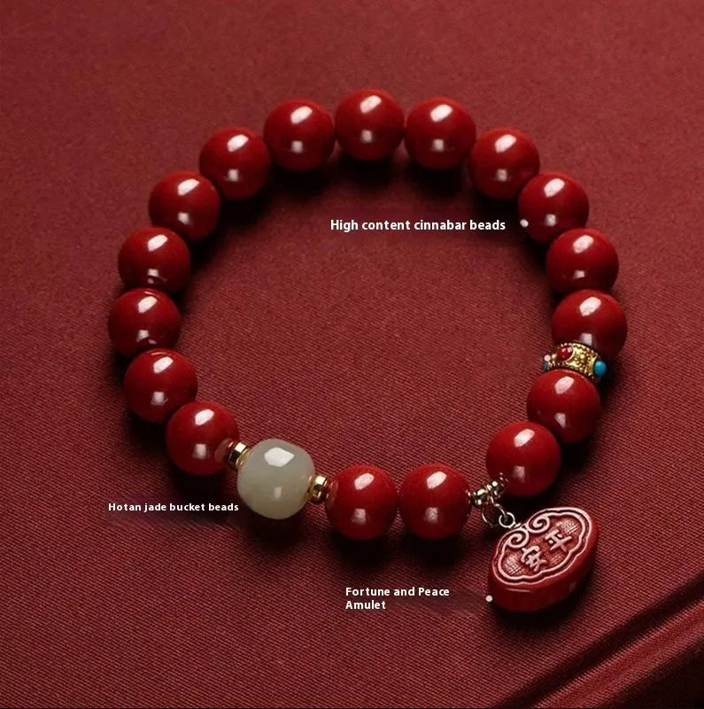 Natural cinnabar emperor sandstone Ping An Fu Lu bracelet for birth year protection in 8mm or 10mm bead size