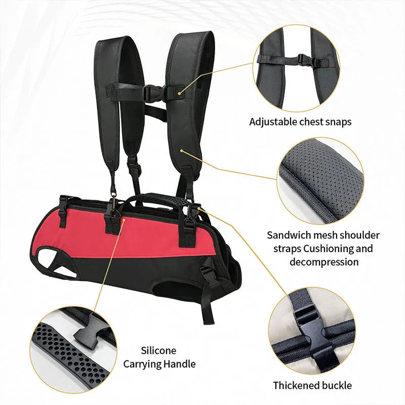 Multifunctional soft Oxford cloth pet backpack in black and red, shown as an adjustable airborne walking stretcher carrier.