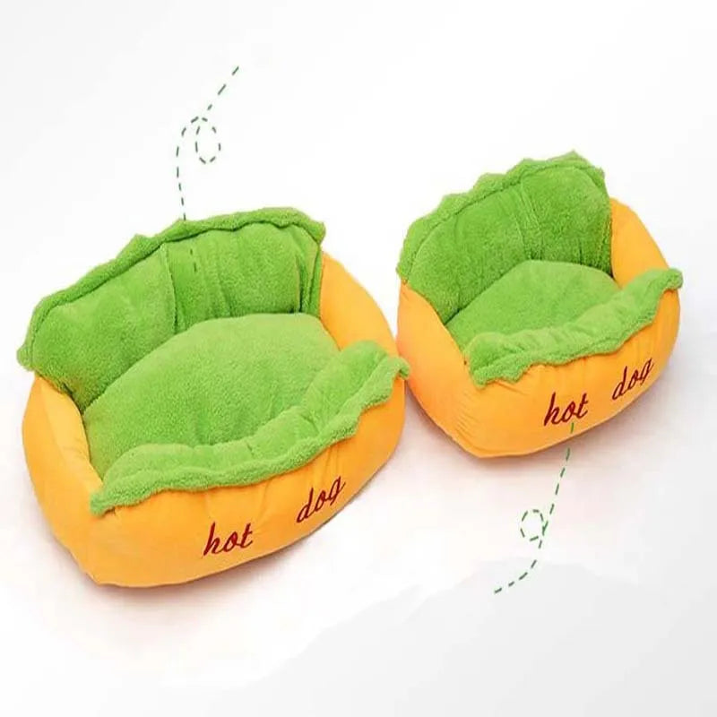 Flannelette hot dog pet bed with removable mat and anti-slip base in four size options.