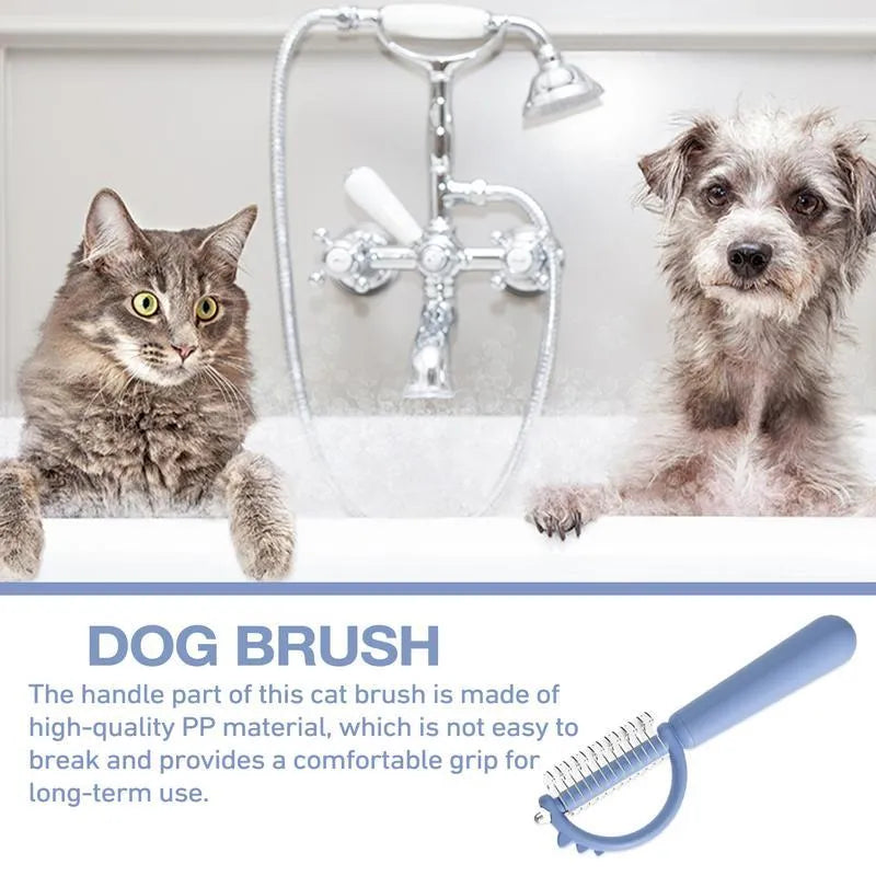 Blue dinosaur-shaped self-cleaning cat brush with stainless steel pins on a white background.