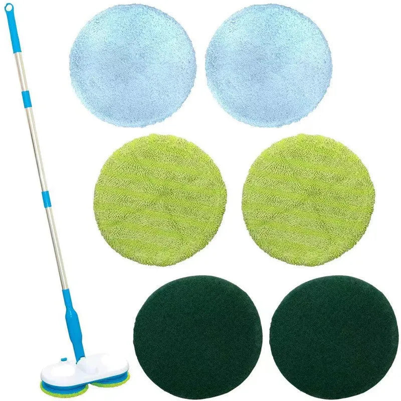 Hand-held cordless electric floor mop with USB charging port and set of washable microfiber, scrubbing, and polishing pads.