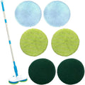 Hand-held cordless electric floor mop with USB charging port and set of washable microfiber, scrubbing, and polishing pads.