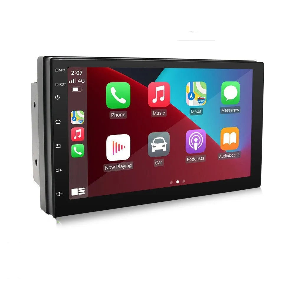 Universal car MP5 player with 7-inch screen showing Carplay interface and GPS navigation