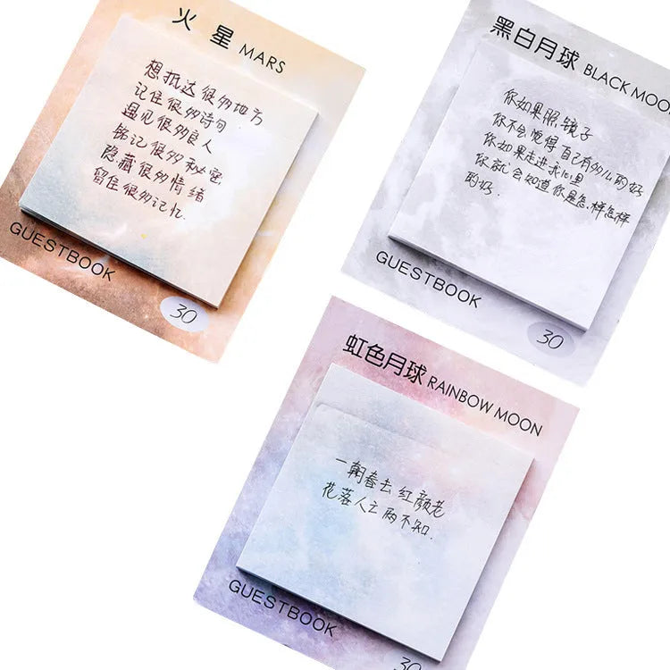Square planet-themed sticky notes notepad with oil painting designs measuring 7.3cm