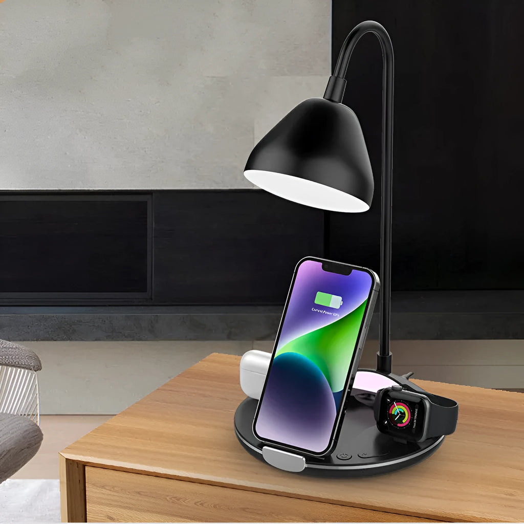 Folding magnetic wireless charger in black or white showing unfolded charging position