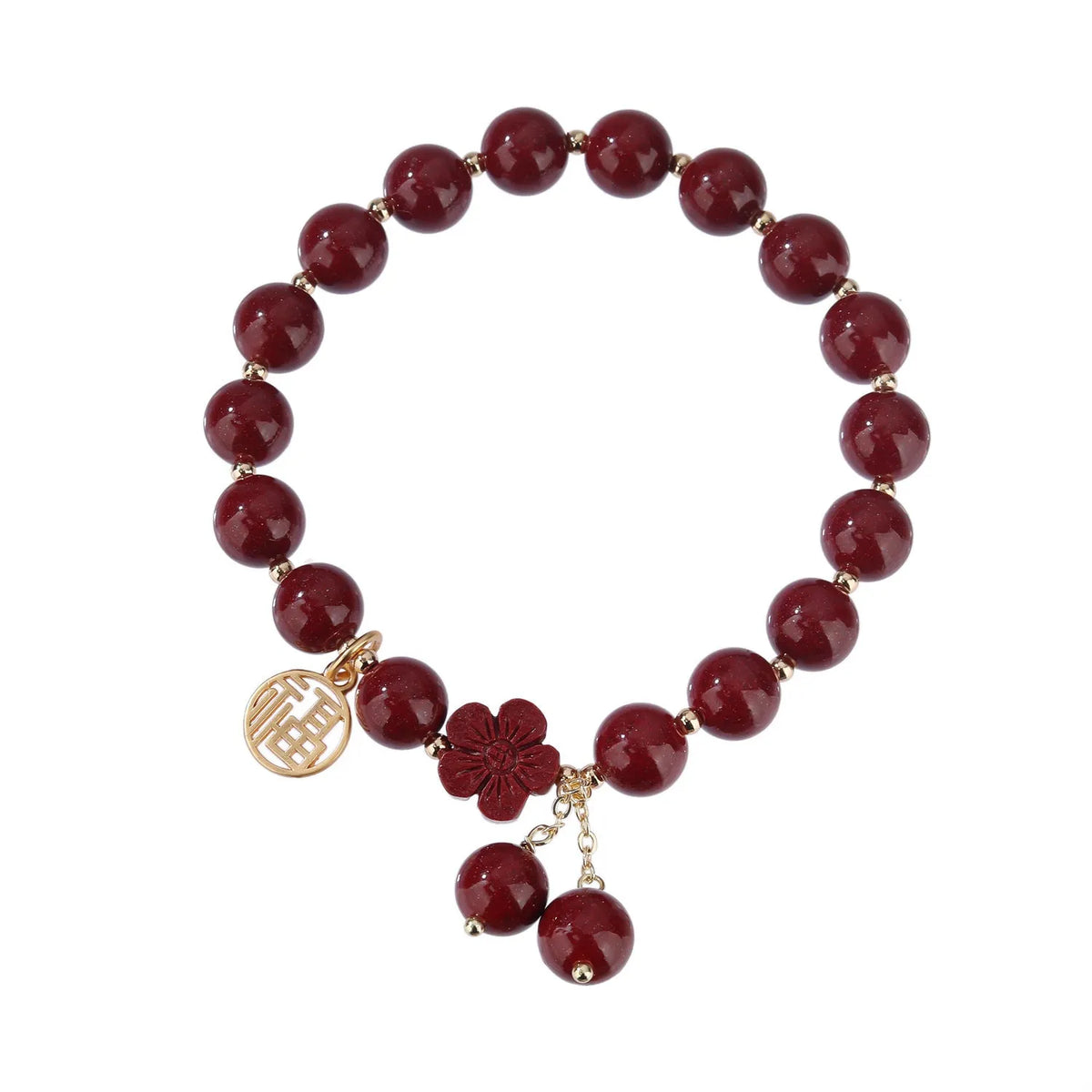 Women's cinnabar and purple gold sand bracelet with Fu character peach blossom or Hetian jade flower national style design and tassel detailing