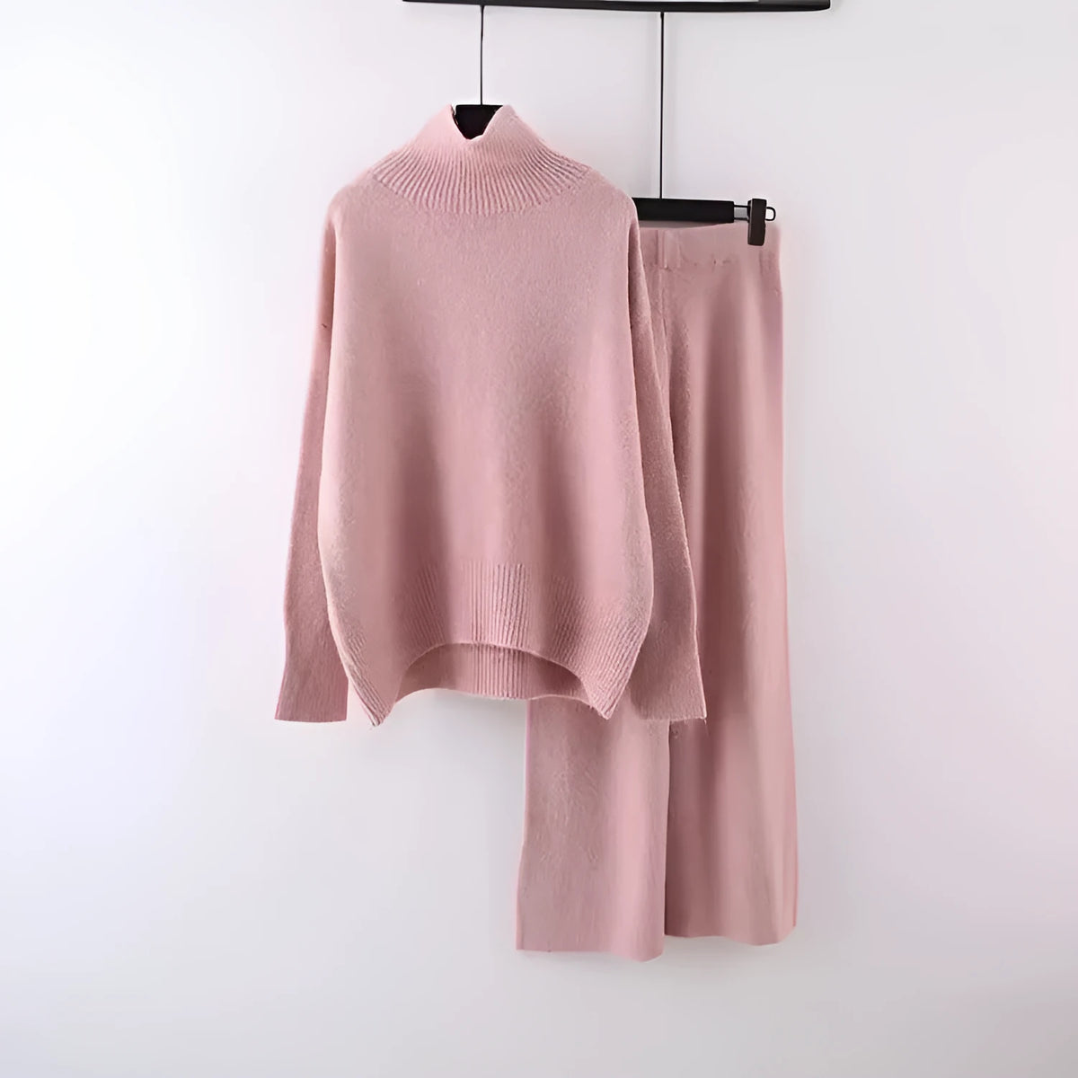 Women's casual two-piece set with acrylic sweater and wide-leg trousers in solid colour