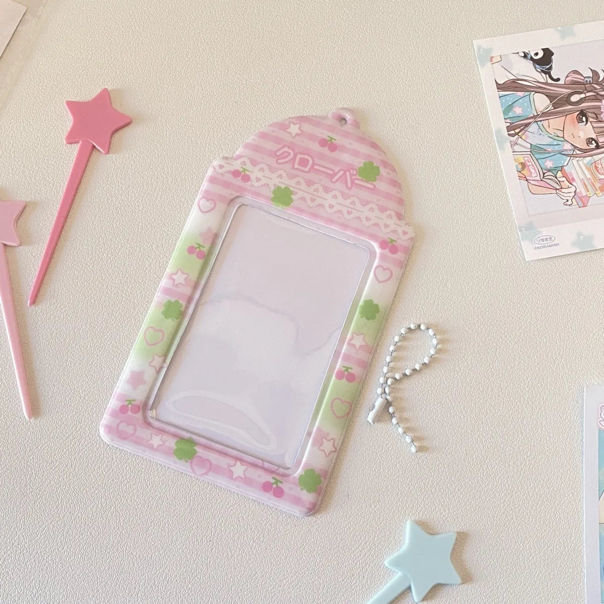Cartoon PVC card holder with strawberry or four-leaf clover design for meal cards and ID badges
