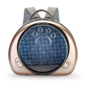Transparent space capsule-style cat carrier bag with metallic-coloured front shell, on a white background.