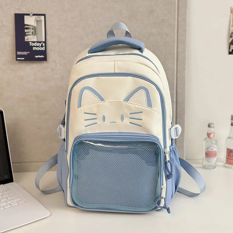 Korean cartoon anime style large capacity nylon backpack in various colours with curved shoulder straps.