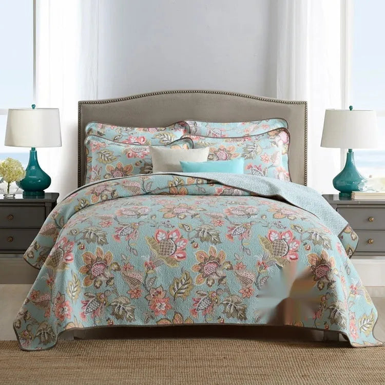Pure cotton bedspread three-piece set with geometric pattern showing bed cover and pillowcases