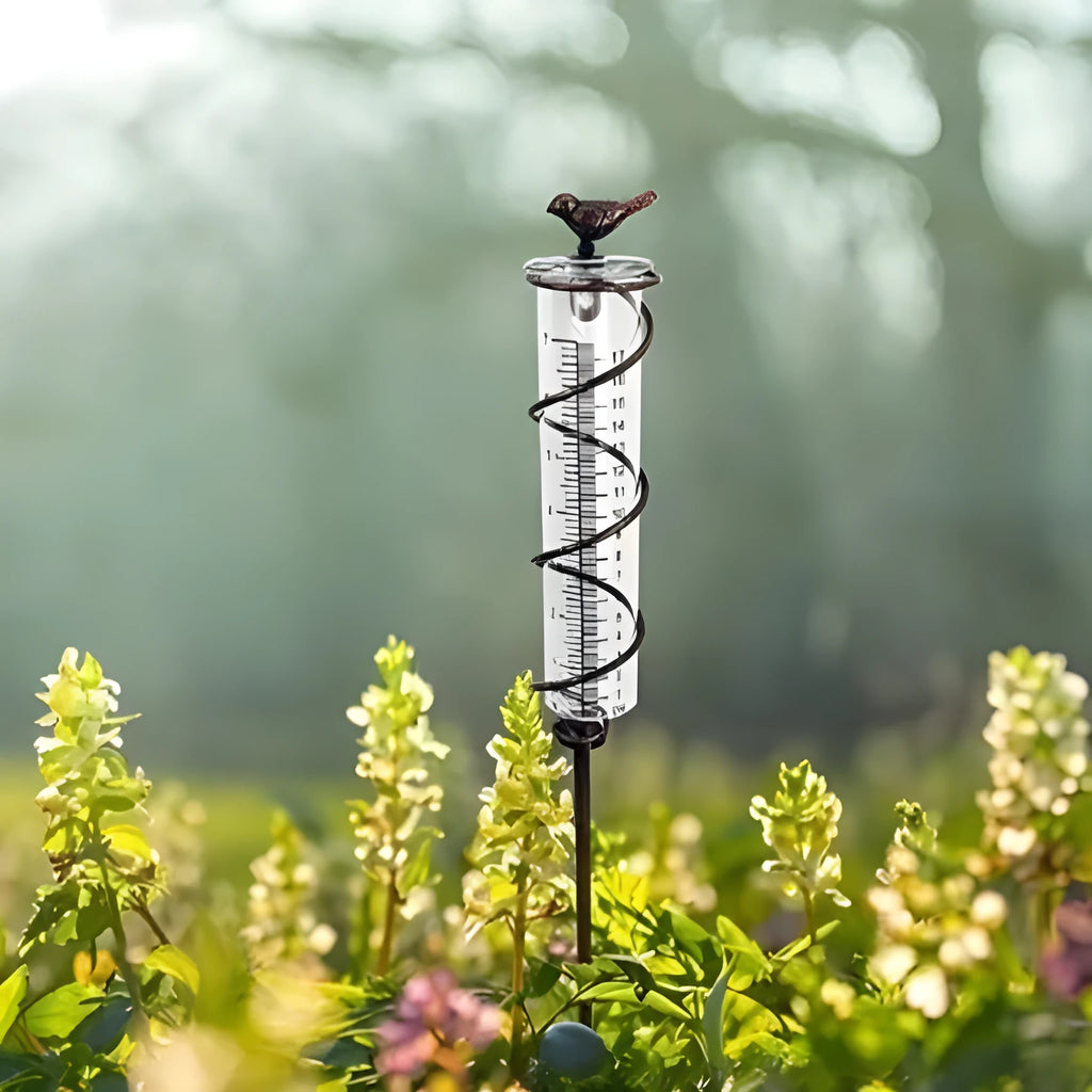 Cast iron bird rain gauge with glass measurement tube showing 0-800ml capacity