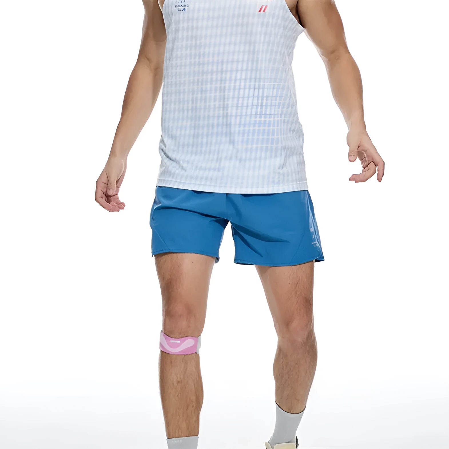 Men's black four-point stretch running shorts with laser-stitched seams on a grey background.