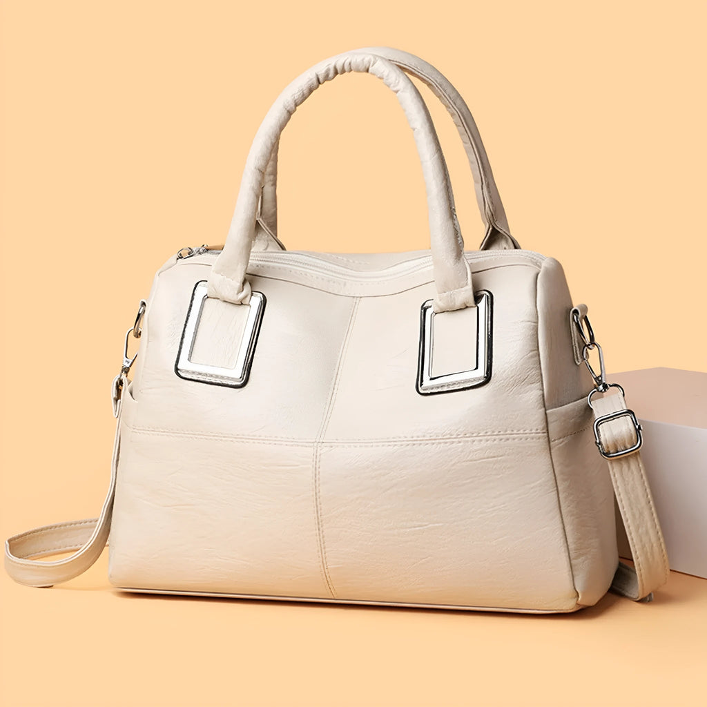 Women's large square shoulder bag in neutral colour with internal phone and document pockets
