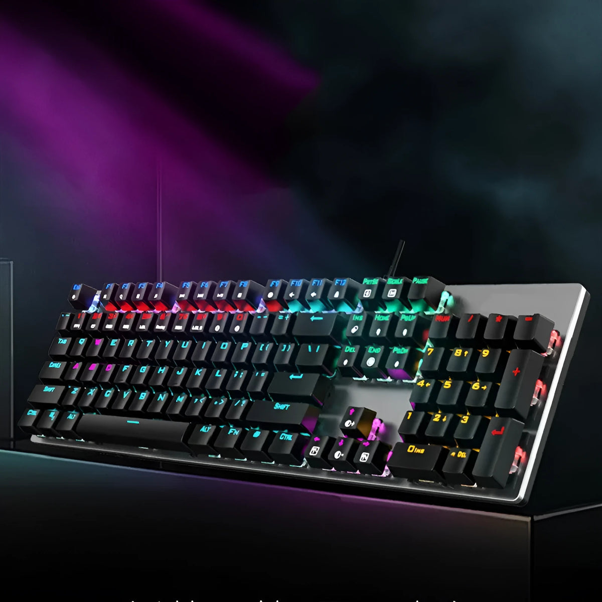 AOC GK410 mechanical keyboard with RGB backlit keys and metal chassis on a desktop