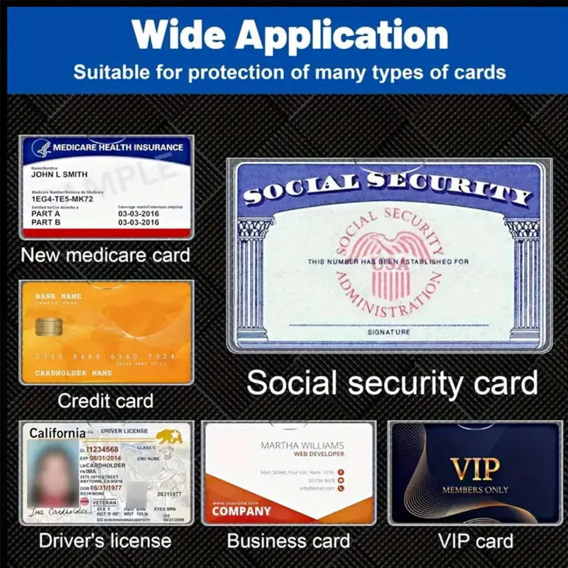 Transparent PVC waterproof ID card holder showing a Social Security card inside.