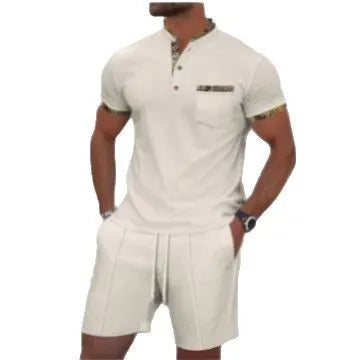 Men's grey cotton blend polo short sleeve suit with matching shorts laid flat