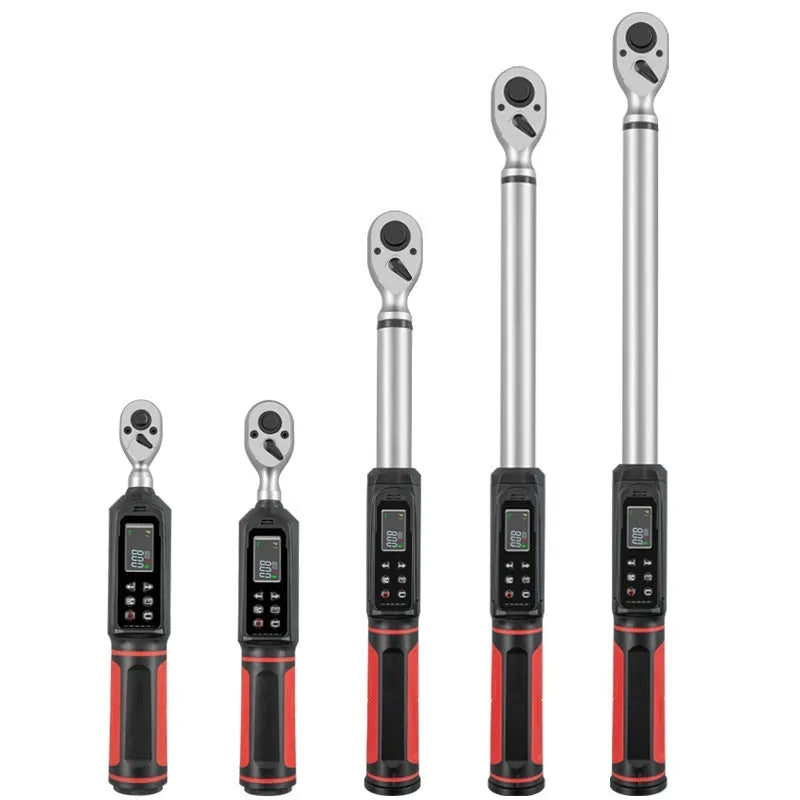 Electronic digital display torque wrench with LCD screen on chrome-vanadium steel shaft.