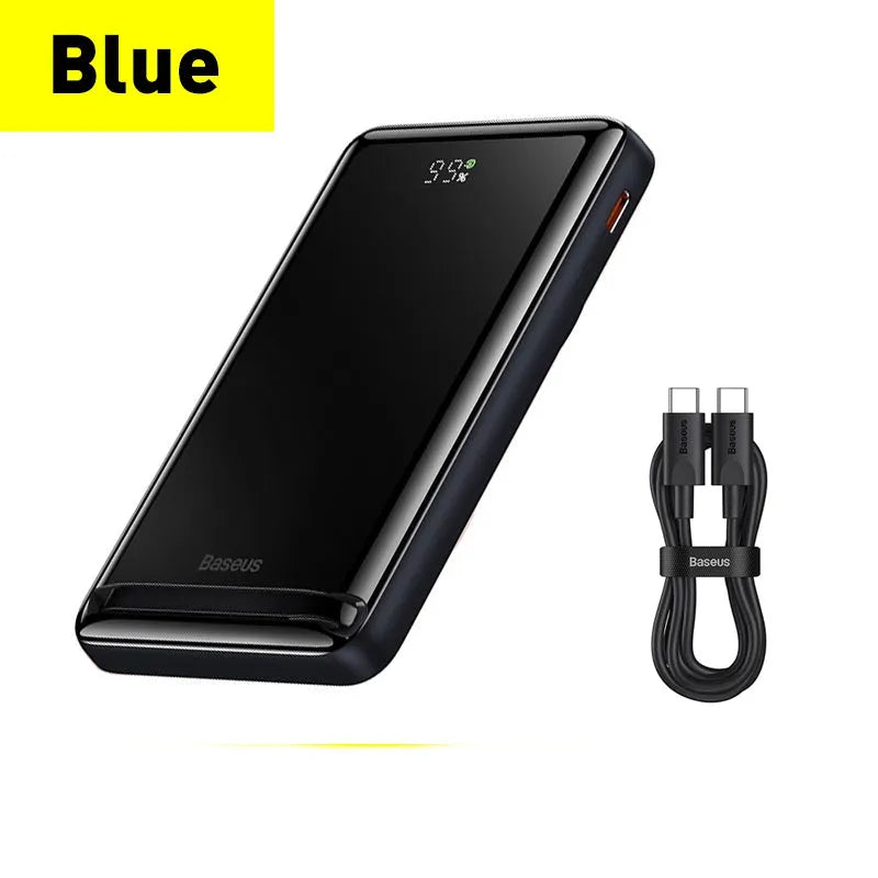 Slim blue magnetic power bank showing dimensions 117.3x69.7x20.3mm with charging cable
