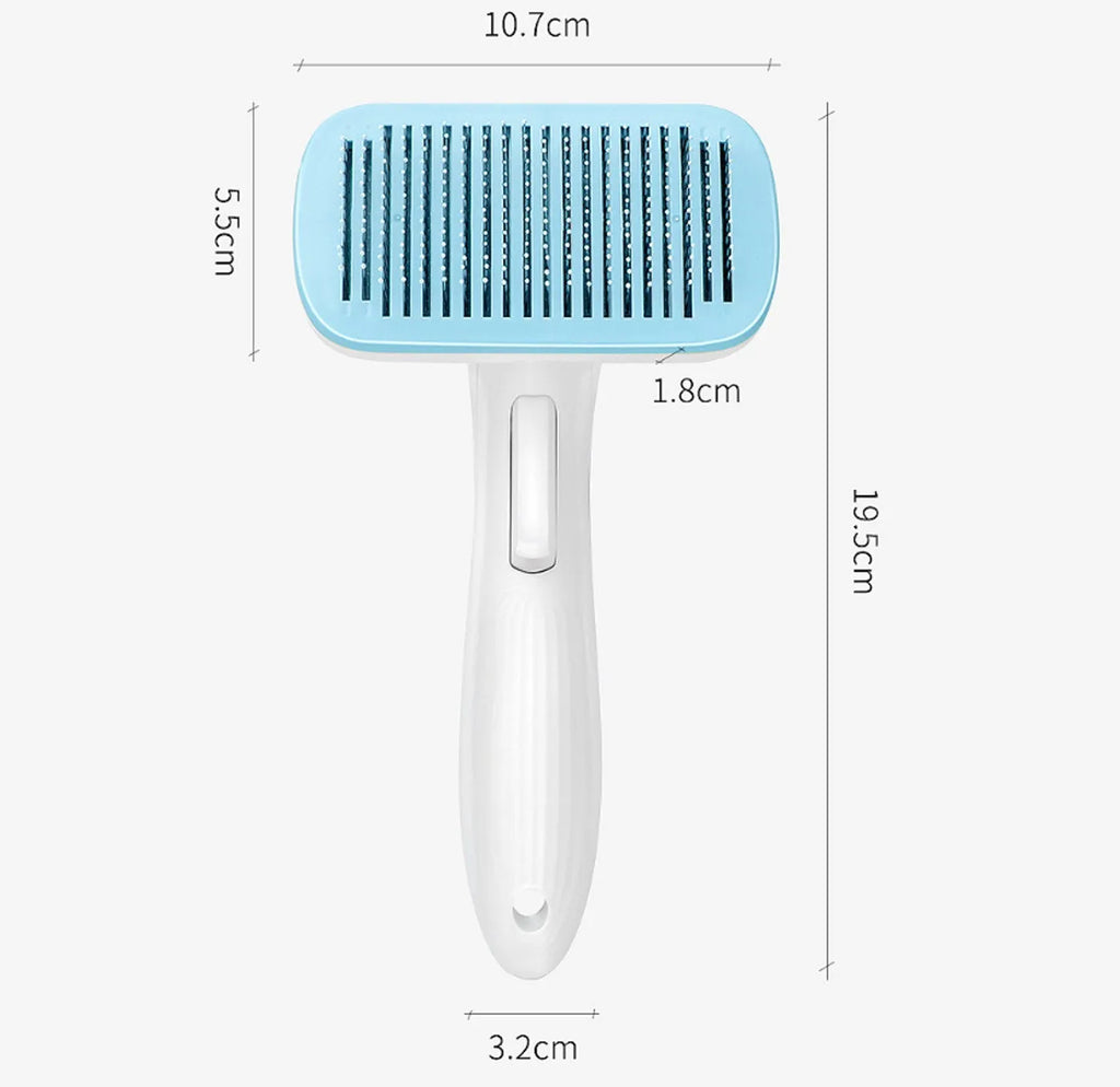 Automatic pet hair removal comb in blue, measuring 10.7cm by 19.5cm.