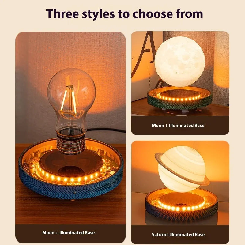 Magnetic levitation moon lamp floating above base with modern 3D printed design