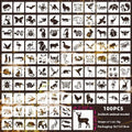 Milky white PET film spray painting stencils showing leaf, flower, bird, ocean, and letter designs, each measuring 2 inches.