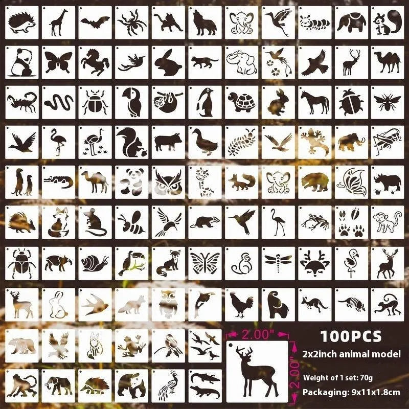 Milky white PET film spray painting stencils showing leaf, flower, bird, ocean, and letter designs, each measuring 2 inches.