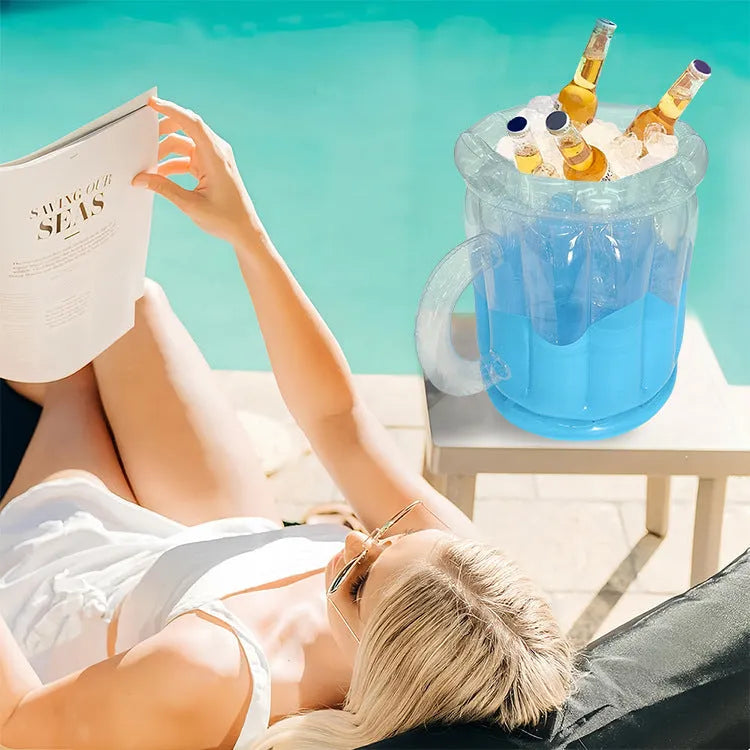 Yellow inflatable PVC ice bucket for beer steins and drink cans at an outdoor setting.
