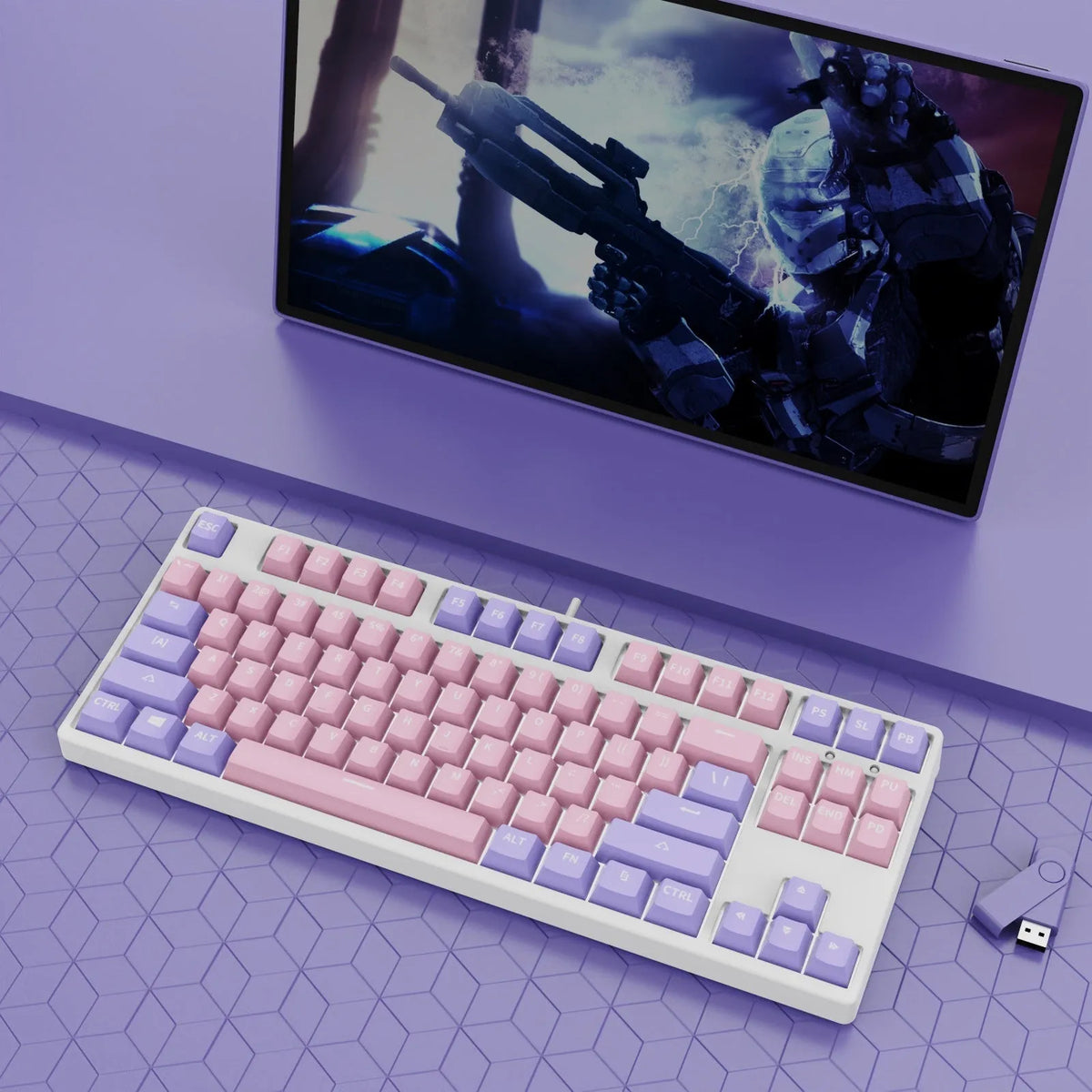 87-key mechanical keyboard with colourful keys on black or white metal chassis