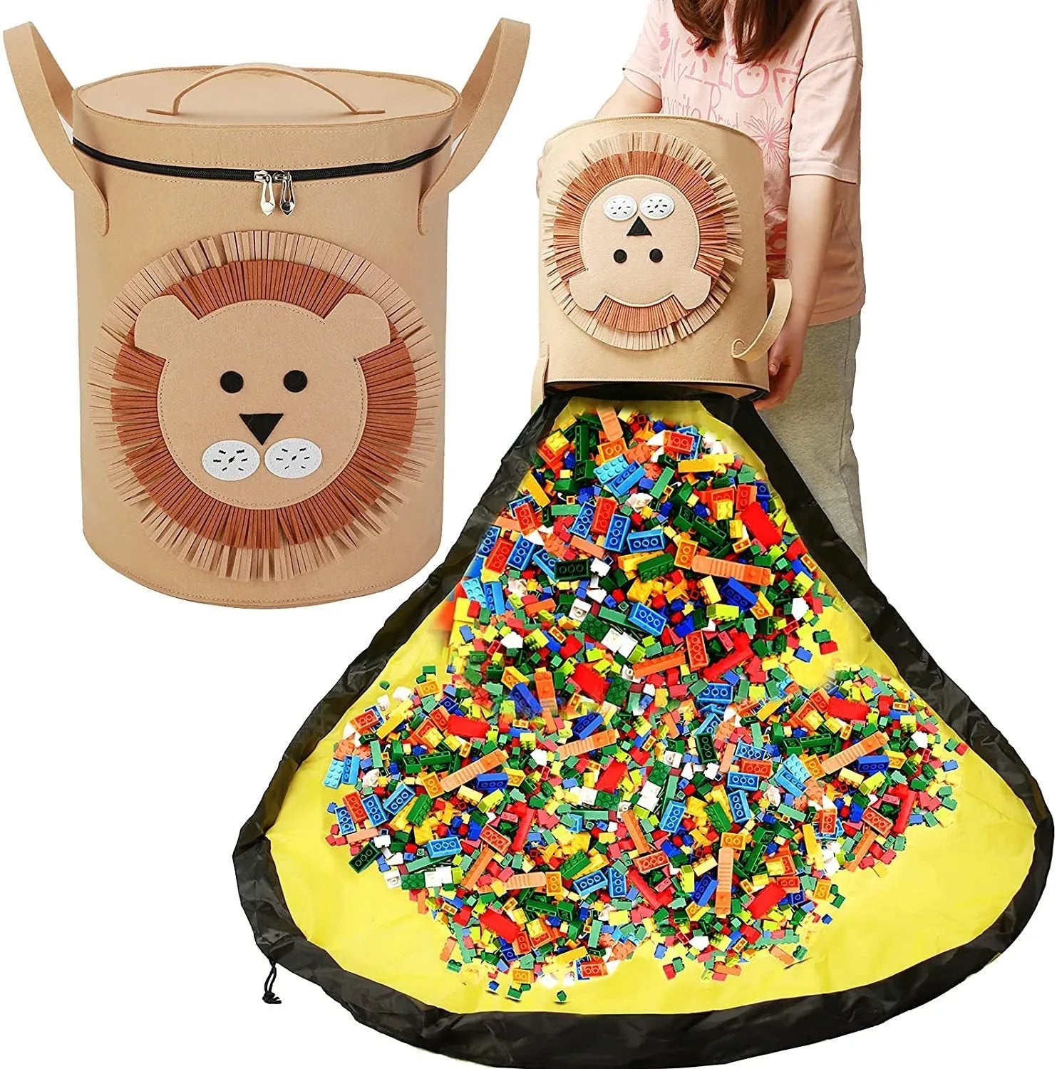 Green felt cube storage bag with pull rope that converts into a flat play mat for toys.