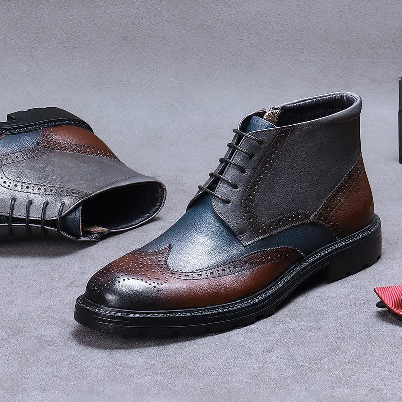 Men's curry blue leather brogue ankle boots with round toe and front lacing on a white background.