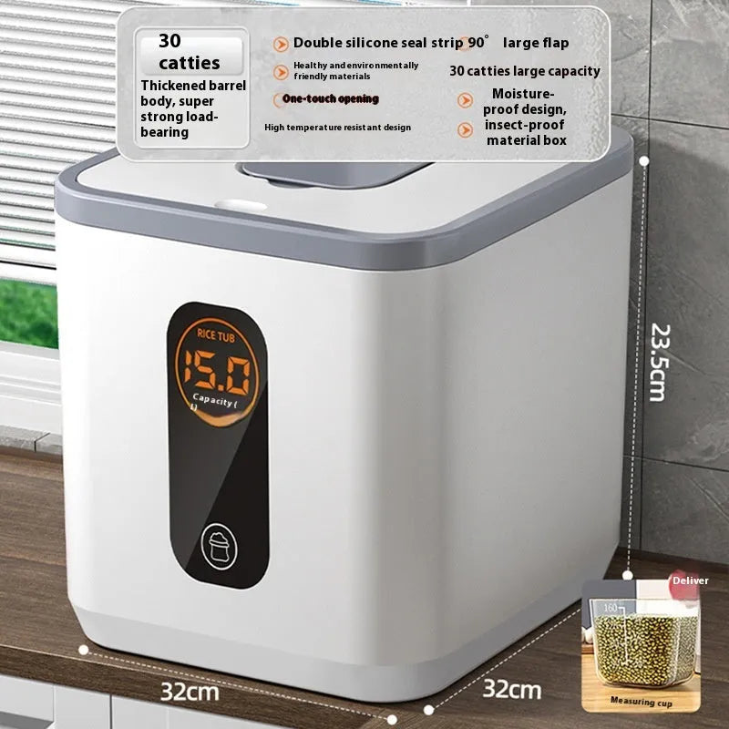 Grey plastic rice storage jar with sealed lid and measuring cup for kitchen pantry organisation