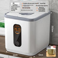 Grey plastic rice storage jar with sealed lid and measuring cup for kitchen pantry organisation
