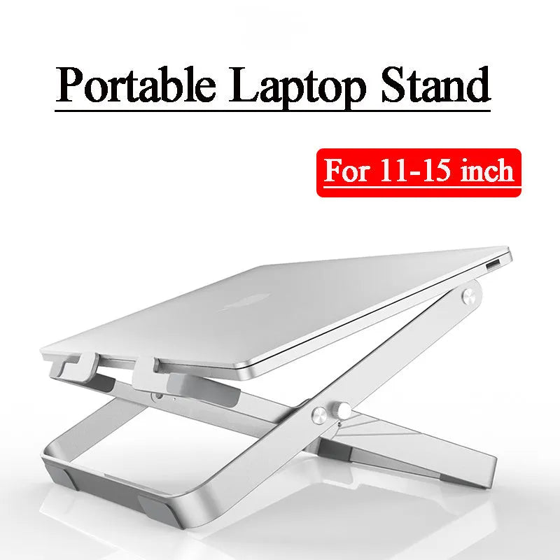 Folding aluminium alloy laptop stand in silver grey, adjustable for 11-18 inch laptops and tablets