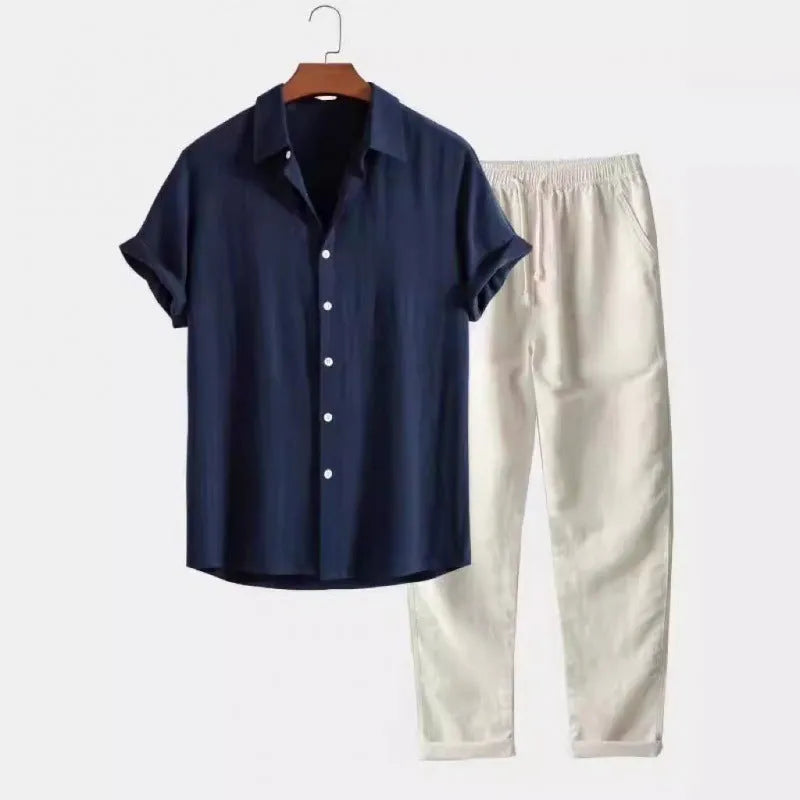Men's casual linen-style suit set with short sleeve shirt and loose fit trousers in multiple colour options
