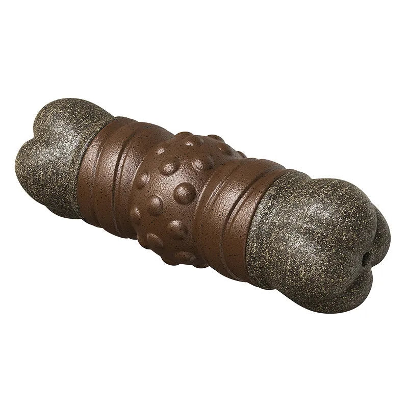 Wood colour plastic dog dental bone toy with textured cleaning surfaces
