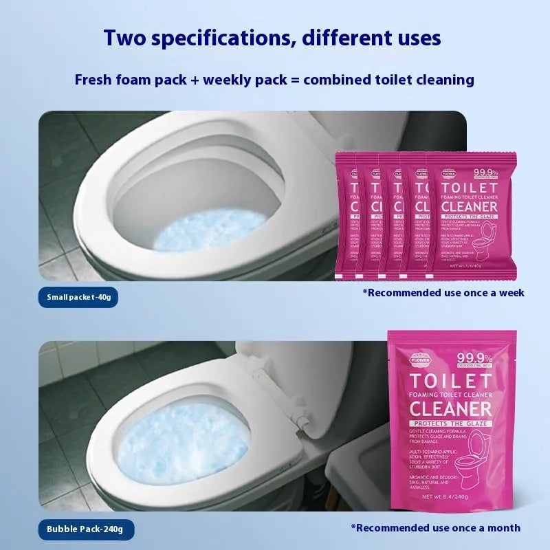 Box and sachets of effervescent toilet bubble cleaning powder in blue ocean and pink floral fragrance options